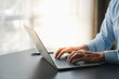 © crizzystudio - man hands typing on computer keyboard closeup banner, businesswoman or student girl using laptop at home, online learning, internet marketing, working from home, office workplace freelance concept