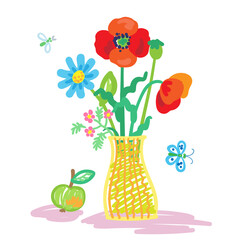 Poster - Children's drawing. Beautiful flowers in a yellow vase. In cartoon style. Isolated on white background. Vector flat illustration