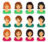 Fototapeta Dinusie - Set of cute young women with different hairstyles and different hair colors. Short hair, stylish haircuts. Flat style on a white background. Cartoon.