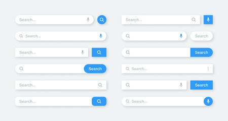 Fototapete - Various search bar templates. Internet browser engine with search box, address bar and text field. UI design, website interface element with web icons and push button. Vector illustration
