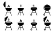 Set of grill vector icons. BBQ with lattice. Barbecue with cover and smoke. Black silhouette BBQ grill. Cook on backyard.