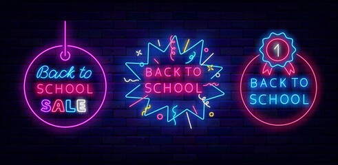 Wall Mural - Back to school neon signboards collection. Confetti explosion frame. Medal and label. Vector stock illustration