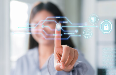 Poster - Fingerprint scanning of businesswoman and biometric authentication for analyzing detect data and password, Futuristics unlock system technology concept.