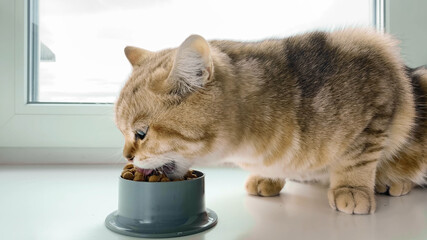 Wall Mural - red ginger striped cat eating from bowl on window sill