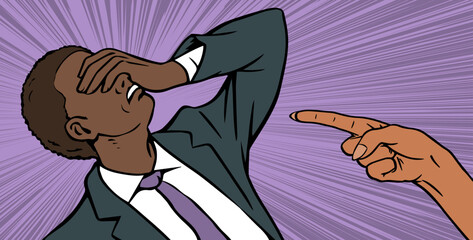 Wall Mural - The young man is in great despair. African American. Angry boss woman scolding office worker. Nervous work, stress, problem, quarrel and criticism. Cartoon vector illustration. Pop art style