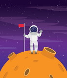 Fototapeta Kosmos - Astronaut on an unknown red planet with a flag. Vector illustration.