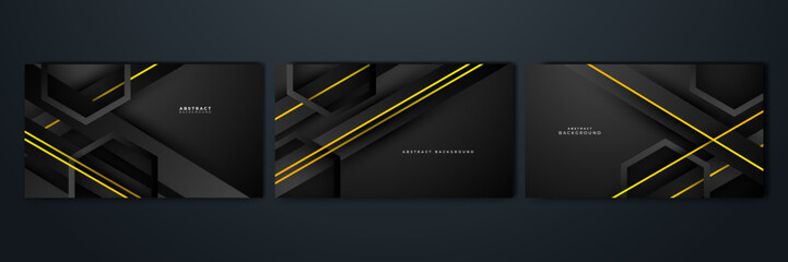 Wall Mural - Black and yellow overlap background. Texture with dark metal pattern. Modern overlap dimension vector design. Futuristic perforated technology abstract background with yellow glowing lines