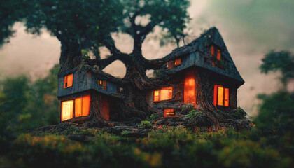 Wall Mural - Fantasy tree house. Fairytale fantasy landscape, tree house. 3D illustration