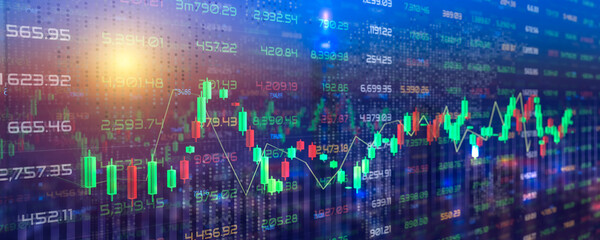 Financial stock market chart with buildings and world map background. Technology business finance and investment concept, funds stock market and digital assets. 3D rendering.