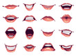 Mouth lips character emotions open and closed man woman animate facial expressions isolated set collection concept. Vector design graphic element illustration