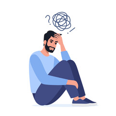 Wall Mural - Depressed unhappy man sit on floor with tangled thoughts in head, man need psychological help. Mind health problem, mental disease. Vector Illustration.