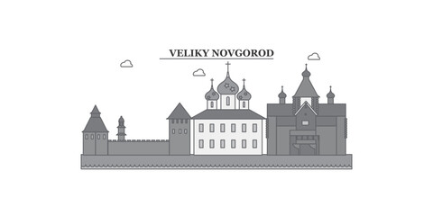 Wall Mural - Russia, Veliki Novgorod city skyline isolated vector illustration, icons