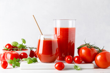 Wall Mural - Tomato juice in a glass and fresh tomatoes