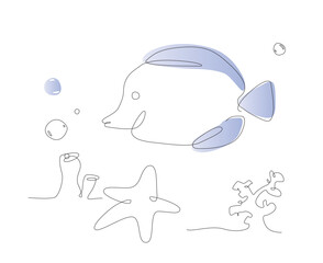 Wall Mural - one line aquarium fish. ocean life dori Hippo Tang. outline sea fishes. cute poster illustrations