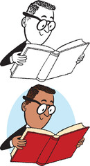 Sticker - A vintage retro cartoon of a businessman wearing glasses reading a book. 