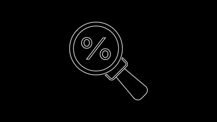 Poster - White line Magnifying glass with percent icon isolated on black background. Discount offers searching. Search for discount sale sign. 4K Video motion graphic animation