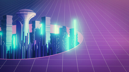 3D dark city of cyberspace on grid futuristic background concept. 3d illustration rendering