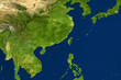 East Asia map in satellite photo, China and Taiwan in center. Elements of image furnished by NASA.