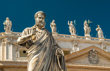 St Peter Statue On Saint Peter's Basilica Background In Vatican City, Rome, Ital