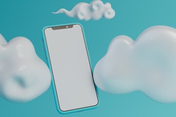 Fototapete - abstract background. mobile phone communication. uploading information to the cloud via smartphone. big smartphone among white clouds on a turquoise background. 3d render. 3d illustration