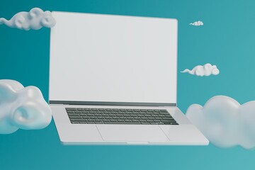 Poster - abstract background. work with a laptop. flies in the clouds while working. Dream work. laptop among the white clouds on a turquoise background. 3d render. 3d illustration