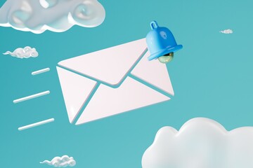 Fototapete - abstract background. new message uploaded to the cloud. online correspondence. new message notification. message with a blue bell on a blue background with white clouds. 3d render. 3d illustration
