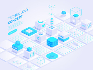 Wall Mural - Technology isometric concept vector illustration. Abstract data storage or blockchain. Personal data protection. Hosting server room. Data center. Network mainframe infrastructure technology blocks