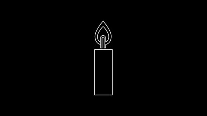 Sticker - White line Burning candle icon isolated on black background. Cylindrical candle stick with burning flame. 4K Video motion graphic animation