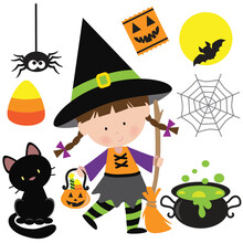 Cute Little Halloween Witch Vector Cartoon Illistration