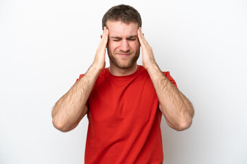 Young caucasian man isolated on white background with headache