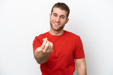 Young caucasian man isolated on white background making money gesture