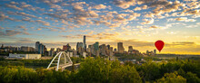 Edmonton Cityscape And Skyline With The View Of A Red Hot Air Balloon Over Walterdale Bridge In Alberta, Canada. Sunrise City Landscape And Cloudscape At Queen Elizabeth Park
