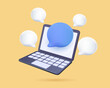 Business online communication. 3D laptop icon render. Speech bubble with notebook. Social media comment, speech icons, chat with emoji smm. 3d speak render vector illustration. Business support online