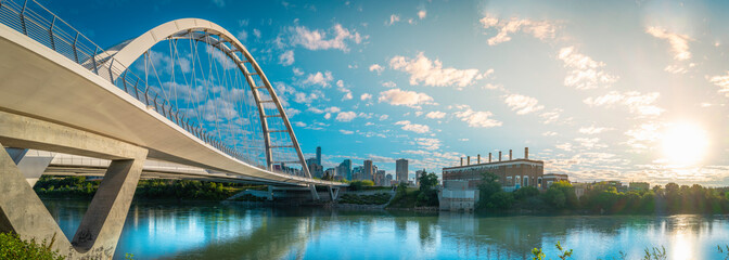 Sunrise cityscape in Edmonton with the view of Walterdale Bridge over North Saskatchewan River in Alberta, Canada