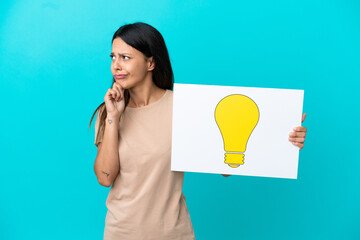 Wall Mural - Young woman over isolated background holding a placard with bulb icon and thinking