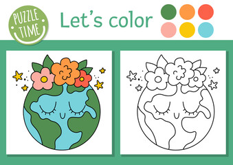 Wall Mural - Ecological coloring page for children with planet. Vector eco awareness outline illustration with cute Earth. Color book for kids with colored example. Drawing skills printable worksheet.