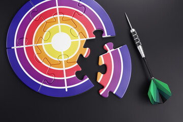 Poster - Composite Goal. Close-up composition of a dartboard and a dart are on a dark gray background. The dartboard made as a jigsaw puzzle. 3D rendering graphics on the theme of Business Metaphors.