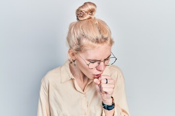 Sticker - Beautiful caucasian woman with blond hair wearing casual look and glasses feeling unwell and coughing as symptom for cold or bronchitis. health care concept.