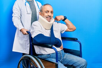 Sticker - Handsome senior man with beard sitting on wheelchair with neck collar looking confident with smile on face, pointing oneself with fingers proud and happy.