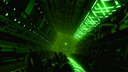 Poster - Green background. Motion.A bright tunnel with light illumination in animation that moves from the inside.