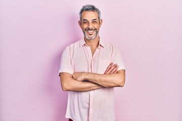 Sticker - Handsome middle age man with grey hair wearing casual shirt happy face smiling with crossed arms looking at the camera. positive person.