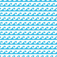 Sea And Ocean Surf Wave Seamless Pattern Of Vector Blue Water Curves. Abstract Background Of Wavy Line Ornament With Ripple Texture Of Summer Marine Storm Or River Beach Surf, Nautical Pattern