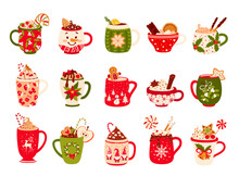 Christmas Chocolate And Eggnog Drinks. Vector Mugs And Cups Of Winter Holiday Hot Beverages, Cocoa, Egg Nog And Coffee Cocktails With Xmas Treats, Cream, Candy Canes, Gingerbread, Cookies, Marshmallow