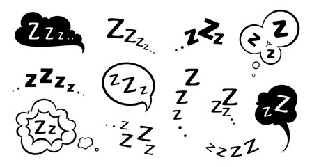 Zzz Zzzz bed sleep snore, snooze nap Z sound icons vector cloud bubbles. Sleepy yawn or insomnia sleeper and alarm clock Zzz doodle line icons of goodnight deep sleep, snore and snooze expressions