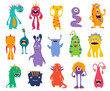 © Buch&Bee - Cartoon funny monsters, cute characters of vector alien animals and Halloween beasts with happy faces, comic mouths, fun teeth, eyes and horns. Crazy monsters, space creatures, bacteria and viruses