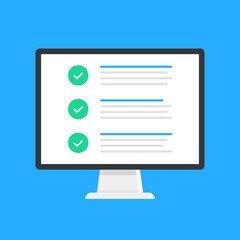 Poster - Computer and checklist. PC and check list. Survey, form concepts. Vector illustration