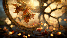 Magic Autumn Abstract Background, With Autumn Leaves And Magic Ring. Autumn Mood. Hello Technology. AI.