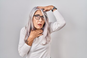 Wall Mural - Middle age woman with grey hair standing over white background touching forehead for illness and fever, flu and cold, virus sick