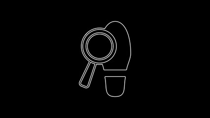 Canvas Print - White line Magnifying glass with footsteps icon isolated on black background. Detective is investigating. To follow in the footsteps. 4K Video motion graphic animation