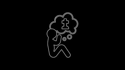 Sticker - White line Man graves funeral sorrow icon isolated on black background. The emotion of grief, sadness, sorrow, death. 4K Video motion graphic animation